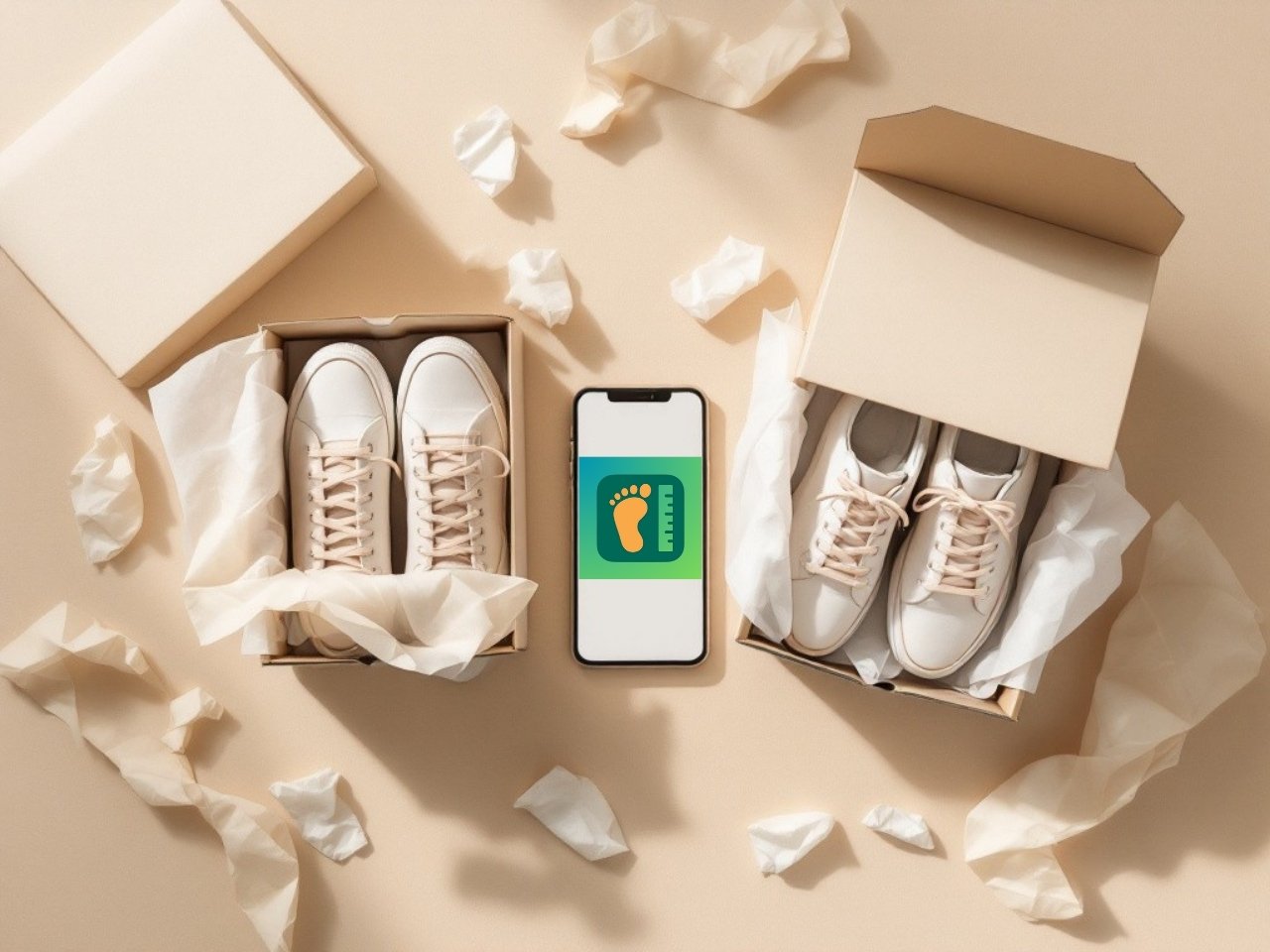 Two open shoe boxes with white sneakers and a phone showing the Intuitive Shoes app